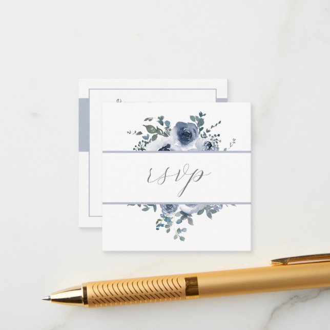 Dusty Blue Floral & Grey QR Code RSVP Card (Front/Back In Situ)