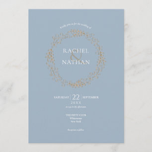 Dusty Blue Floral Halo Laurel Garland Wedding Invitation