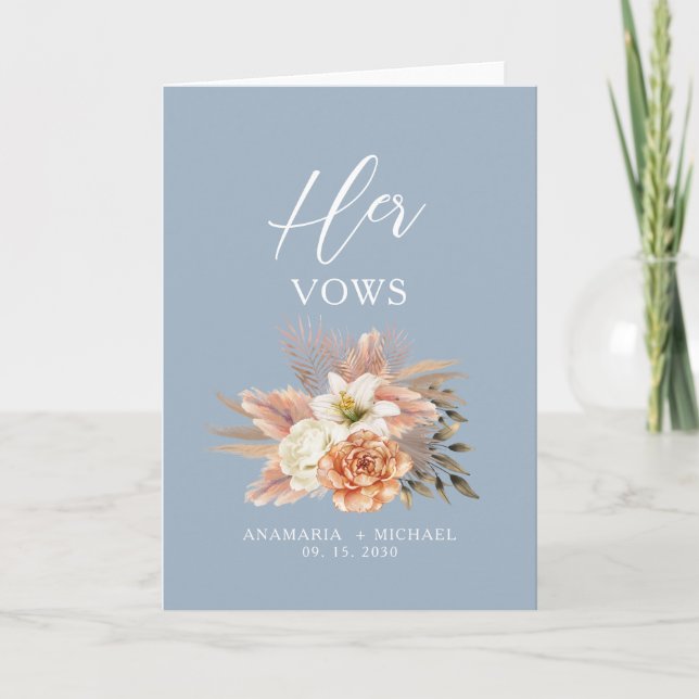 Dusty Blue Floral Her Vows Booklet Holiday Card (Front)