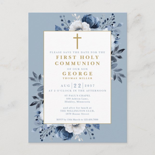 Dusty Blue Floral Holy Communion Save The Date Postcard (Front)