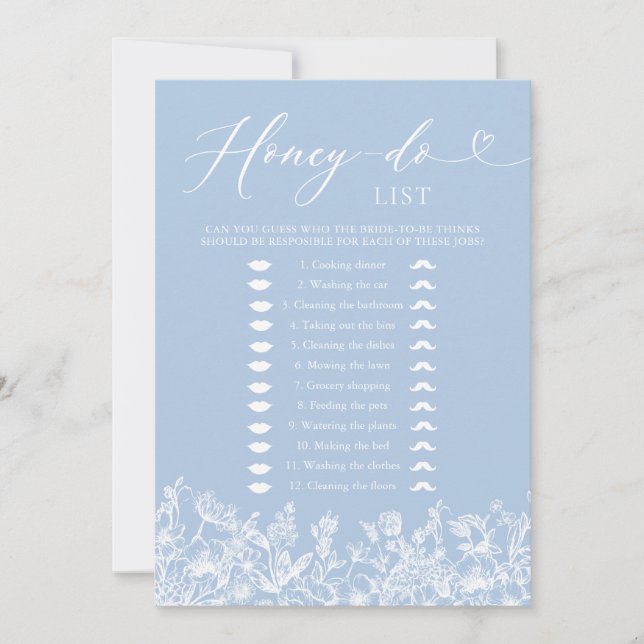 Dusty Blue Floral Honey Do List Bridal Shower Game Invitation (Front)