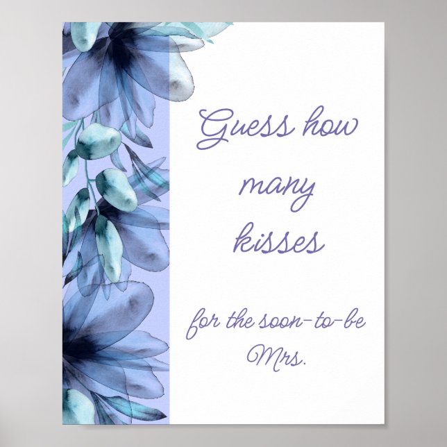 Dusty-blue floral how many kisses bridal shower  poster (Front)