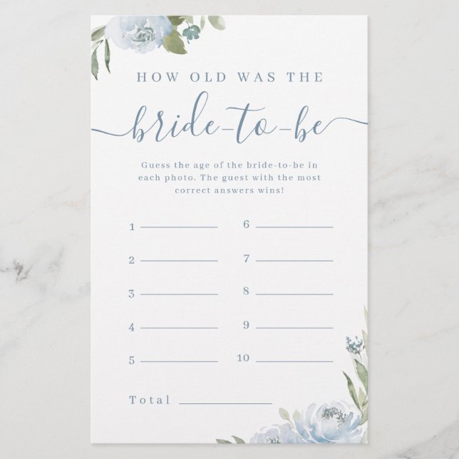 Dusty blue floral how old was the bride game (Front)