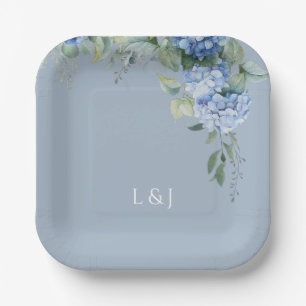 Dusty Blue Floral Hydrangea Initials Wedding Paper Plate
