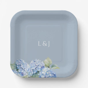 Dusty Blue Floral Hydrangea Initials Wedding Paper Plate
