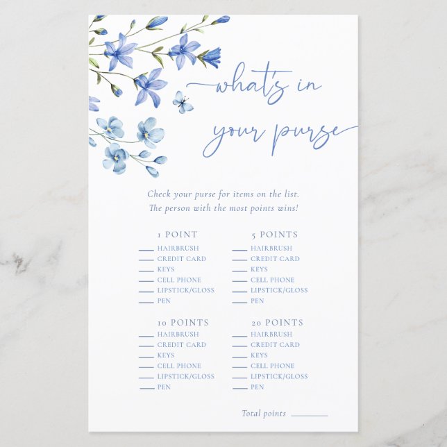Dusty Blue Floral In Your Purse Bridal Shower Game (Front)