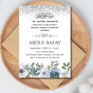Dusty Blue Floral Islamic baby boy Aqiqa Aqeeqa Invitation