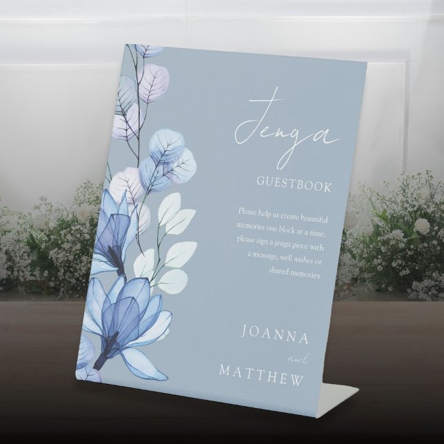 Dusty Blue Floral Jenga Wedding Guestbook Pedestal Sign (Dusty Blue Floral Jenga Wedding Guestbook Pedestal Sign)