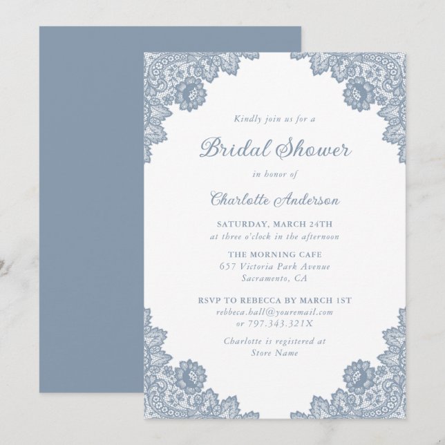 Dusty Blue Floral Lace Bridal Shower Invitation (Front/Back)