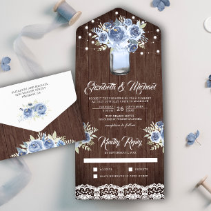 Dusty Blue Floral Lace Mason Jar Barn Wood Wedding All In One Invitation