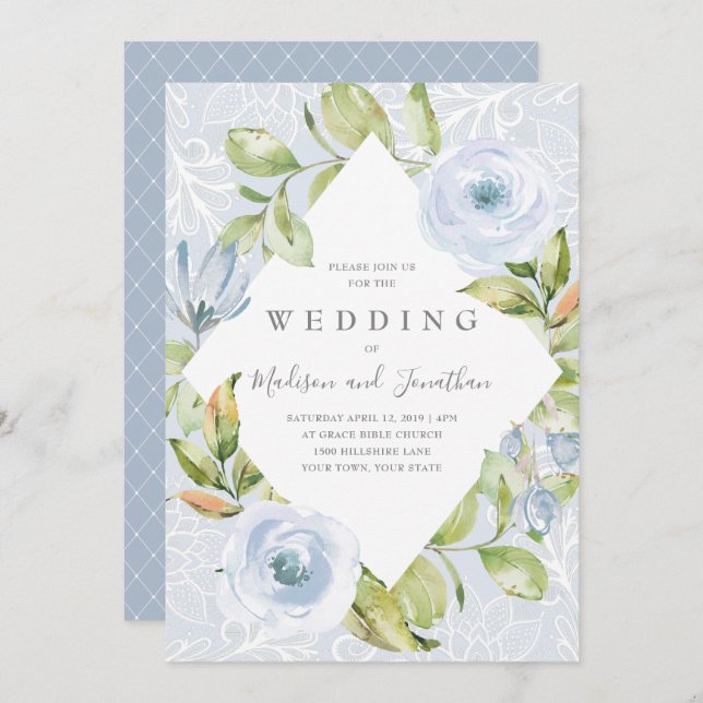 Dusty Blue Floral Lace Wedding Invitation (Front/Back)