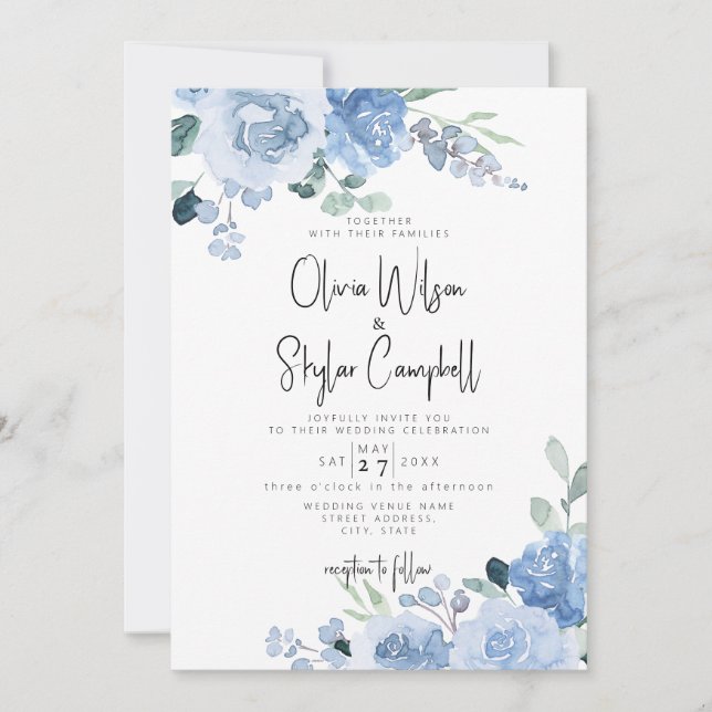 Dusty Blue Floral Light QR Code All in One Wedding Invitation (Front)