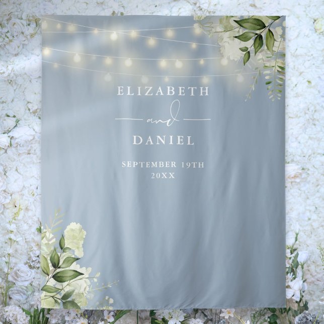Dusty Blue Floral Lights Wedding Photo Backdrop Tapestry (Dusty Blue Floral Lights Wedding Photo Backdrop)