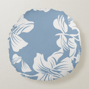 Dusty Blue Floral Line Art Decorative Round Pillow
