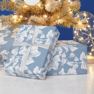 Dusty Blue Floral Line Art Elegant Gift Wrapping  Paper