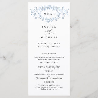 Dusty Blue Floral Line Art Wedding Flat Menu