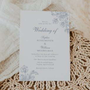Dusty Blue Floral Line Art Wedding Invitation