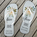 Dusty Blue Floral Love Bridal Flip Flops<br><div class="desc">Romantic design flip flops featuring elegant flowers on a dusty blue background with your own texts.</div>