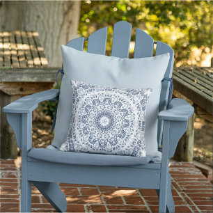 Dusty Blue Floral Mandala Outdoor Pillow