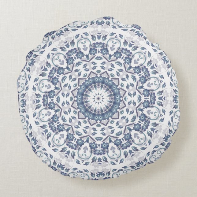 Dusty Blue Floral Mandala Round Pillow (Back)