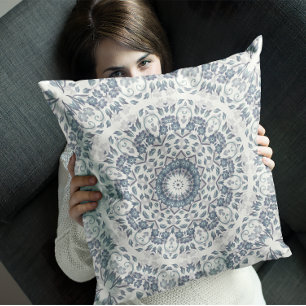 Dusty Blue Floral Mandala Throw Pillow