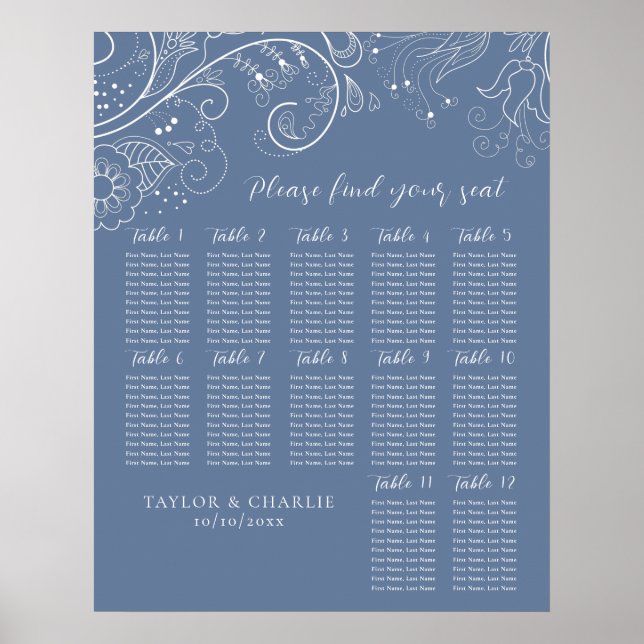 Dusty Blue Floral Mariage 12 tables Tableau de siè (Devant)