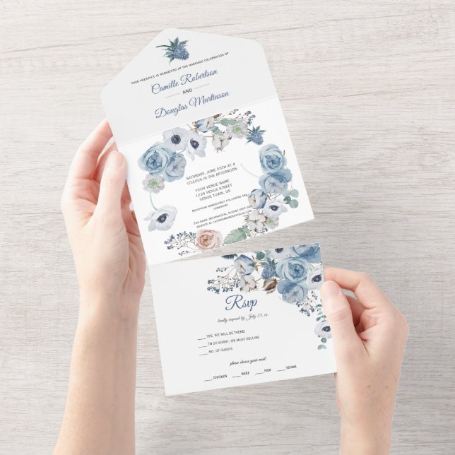 Dusty Blue Floral Mariage | Invitation Tout en un (Déchirure)