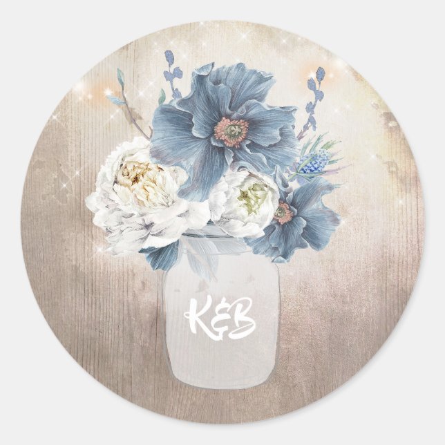 Dusty Blue Floral Mason Jar Rustic Country Wedding Classic Round Sticker (Front)