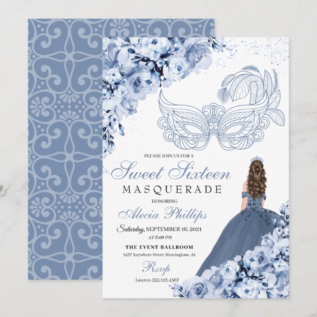 Dusty Blue Floral Masquerade Sweet 16 Invitation (Front/Back)