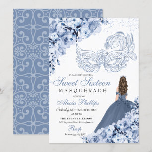 Dusty Blue Floral Masquerade Sweet 16 Invitation