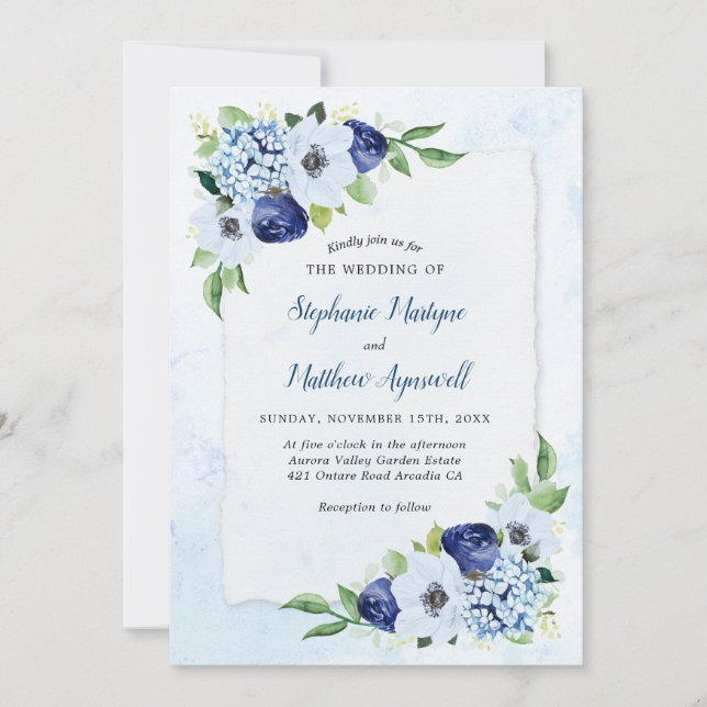 Dusty Blue Floral Modern Botanical Wedding Invitation (Front)