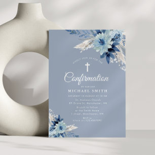 Dusty blue floral modern confirmation invitation
