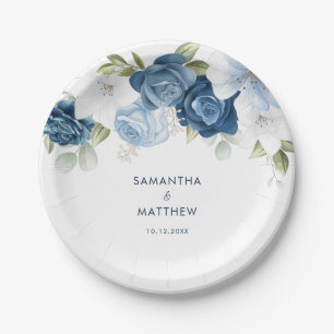 Dusty Blue Floral Modern Custom Wedding Paper Plate