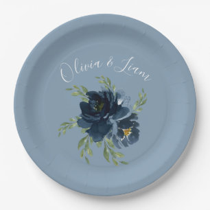 Dusty Blue Floral Modern Script Elegant Name Paper Plate