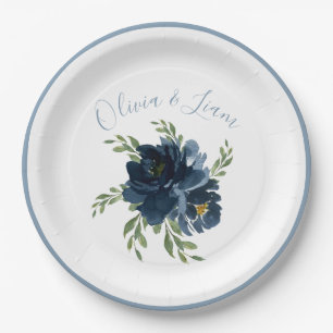 Dusty Blue Floral Modern Script Elegant Name Paper Plate