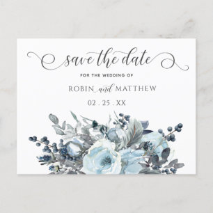 Dusty Blue Floral, Modern Script, Save the Date Announcement Postcard