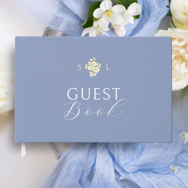 Dusty Blue | Floral Monogram Foil Wedding  Guest Book (Creator Uploaded)