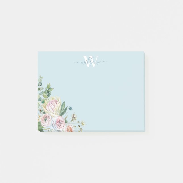 Dusty Blue Floral Monogram Greenery Post-It Notes (Front)