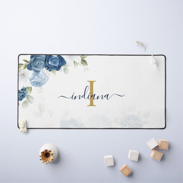 Dusty Blue Floral Monogram Name Elegant Desk Mat (Kids Table)