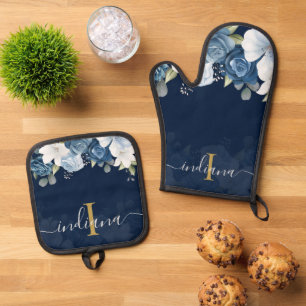 Dusty Blue Floral Monogram Script Name Personalize Oven Mitt & Pot Holder Set