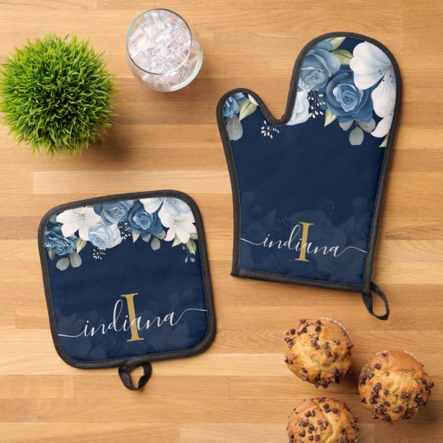 Dusty Blue Floral Monogram Script Name Personalize Oven Mitt & Pot Holder Set (Top Down)