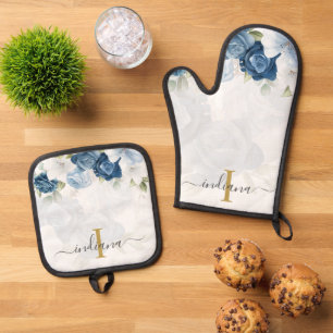 Dusty Blue Floral Monogram Script Personalized Oven Mitt & Pot Holder Set