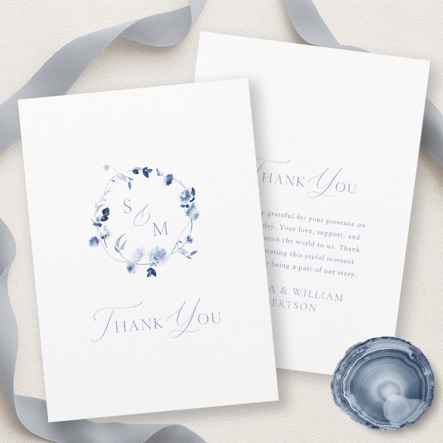 Dusty Blue Floral Monogram Thank You Card (Creator Uploaded)