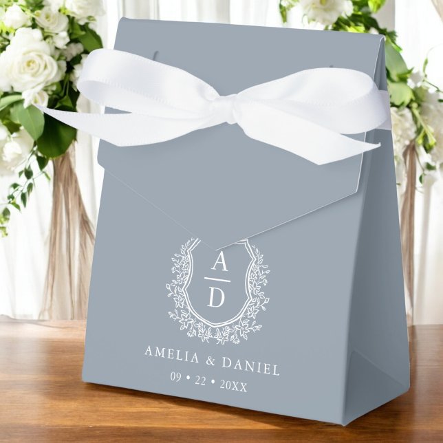 Dusty Blue Floral Monogram Wedding Crest Modern Favor Box (Creator Uploaded)
