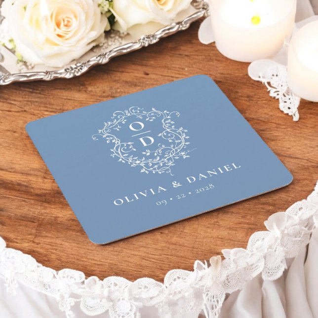 Dusty Blue Floral Monogram Wedding Crest Modern Square Paper Coaster (Creator Uploaded)