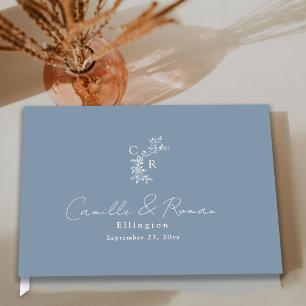 Dusty Blue Floral Monogrammed Calligraphy Wedding Guest Book