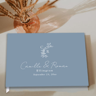 Dusty Blue Floral Monogrammed Calligraphy Wedding Guest Book