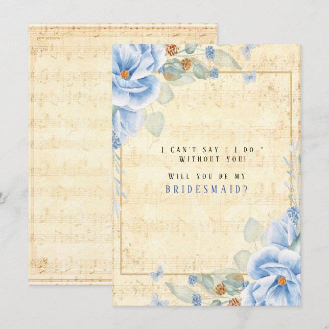 Dusty Blue Floral Music Will You Be My Bridesmaid Invitation