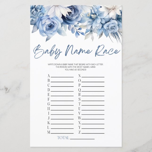 Dusty Blue Floral Name Race Baby Shower Game (Front)