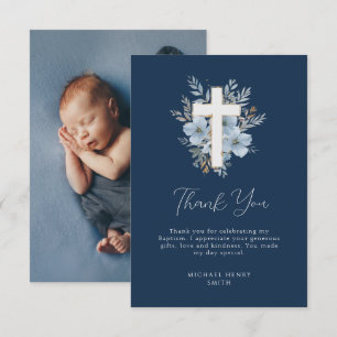 dusty blue floral navy baptism thank you card